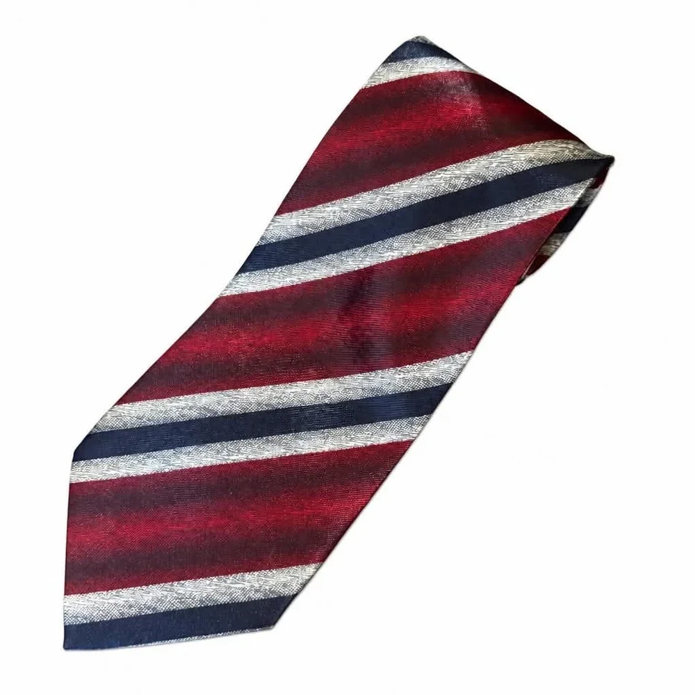 L'art D'espace Tie Mens Red Navy Blue Silver Diagonal Stripe Italian Necktie